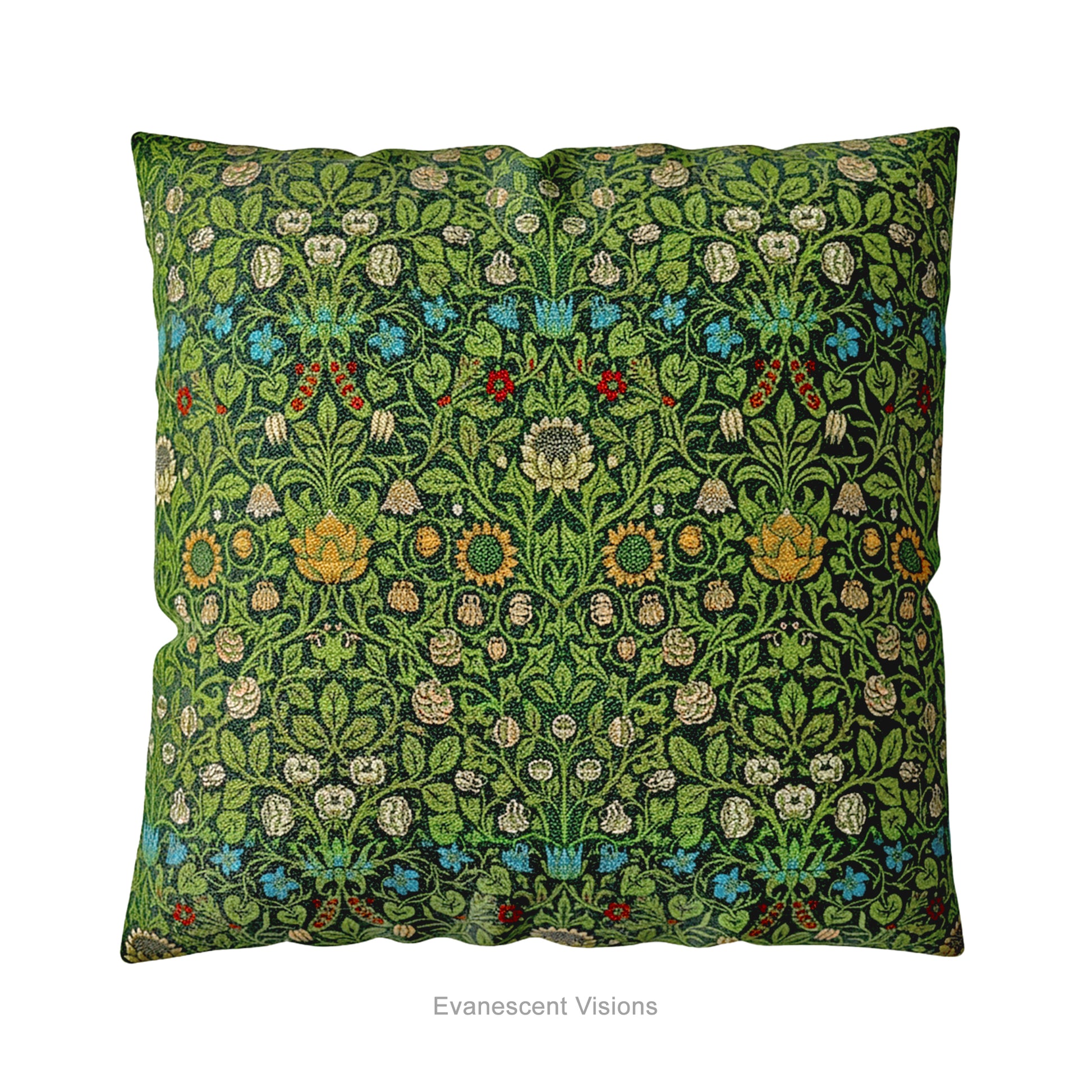 A square decorative cushion  featuring the floral pattern 'Violet and Columbine' by William Morris, on a white background. 