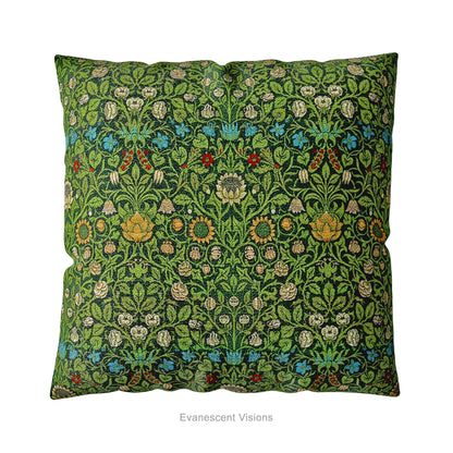 A square decorative cushion  featuring the floral pattern 'Violet and Columbine' by William Morris, on a white background. 