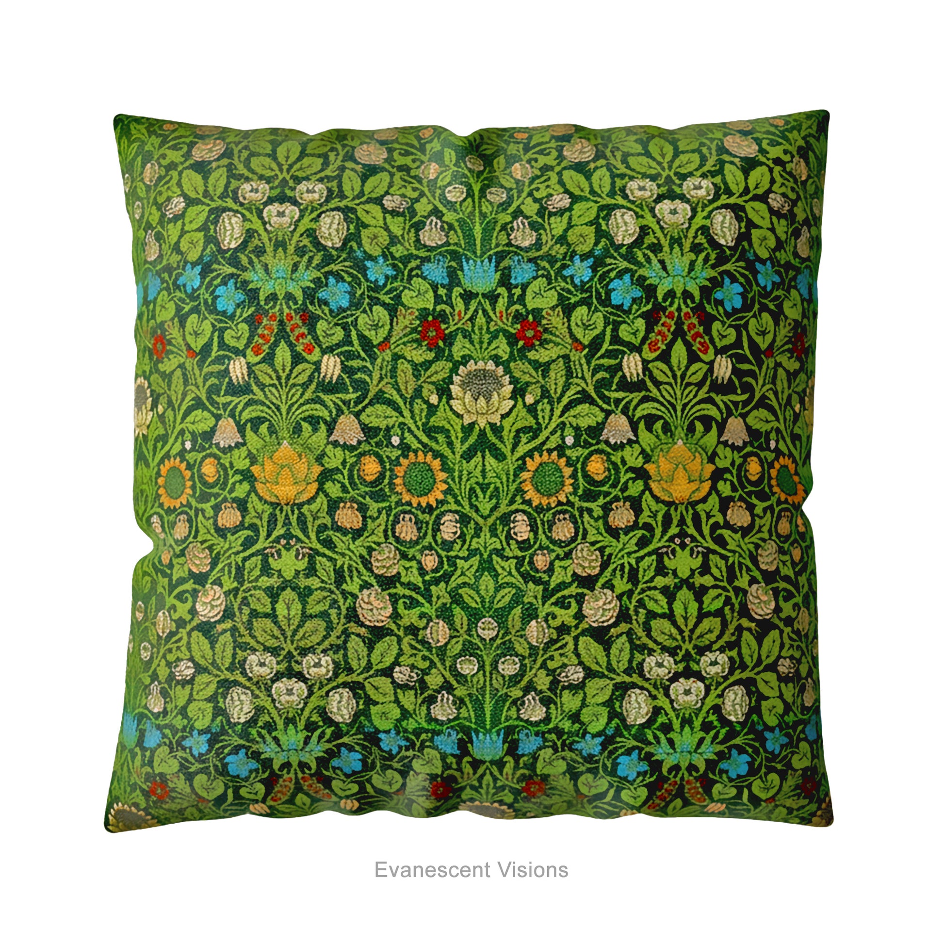 A square decorative cushion on a white background, featuring the floral pattern 'Violet and Columbine' by William Morris.