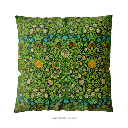 A square decorative cushion on a white background, featuring the floral pattern 'Violet and Columbine' by William Morris.