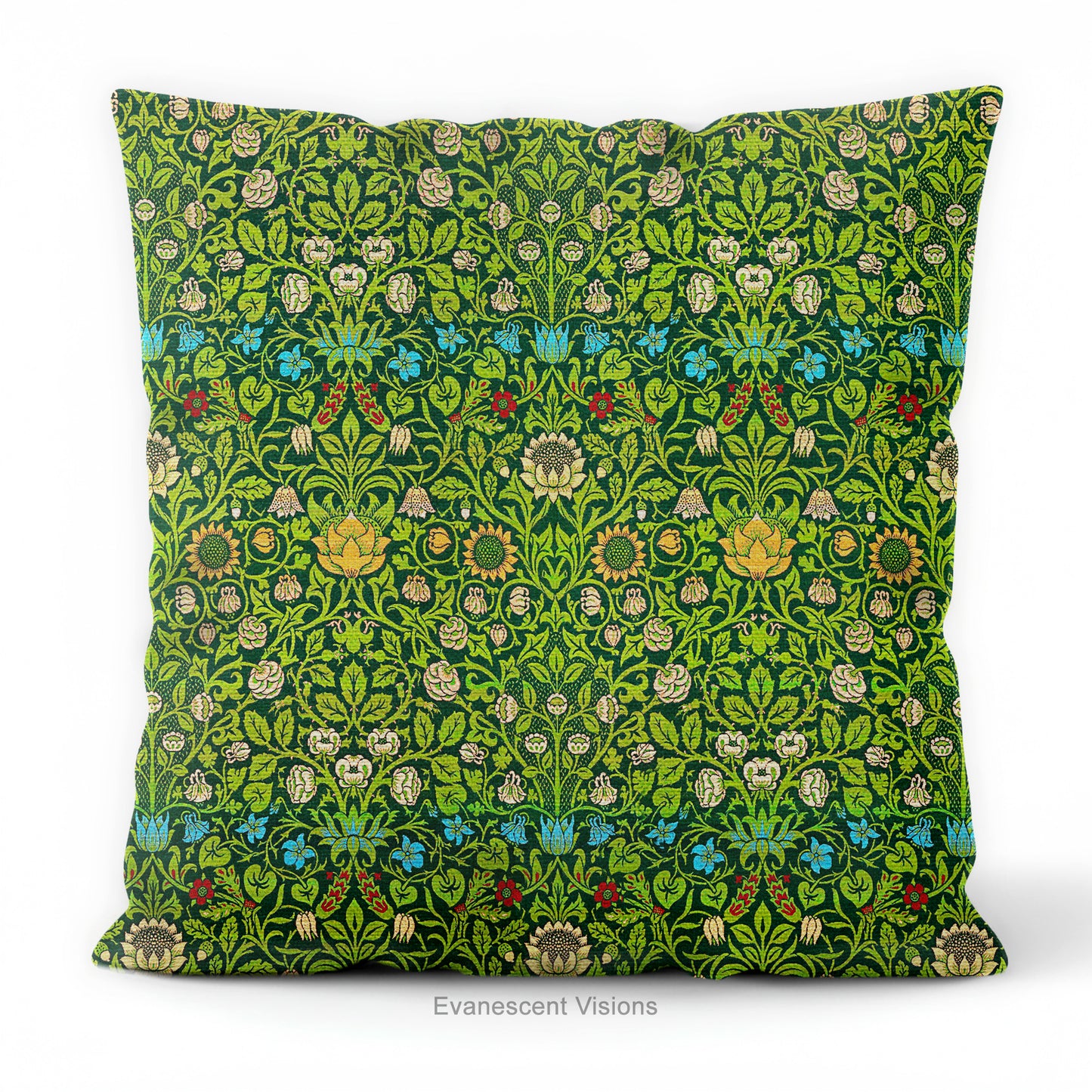 A square decorative cushion on a white background, featuring the floral pattern 'Violet and Columbine' by William Morris.