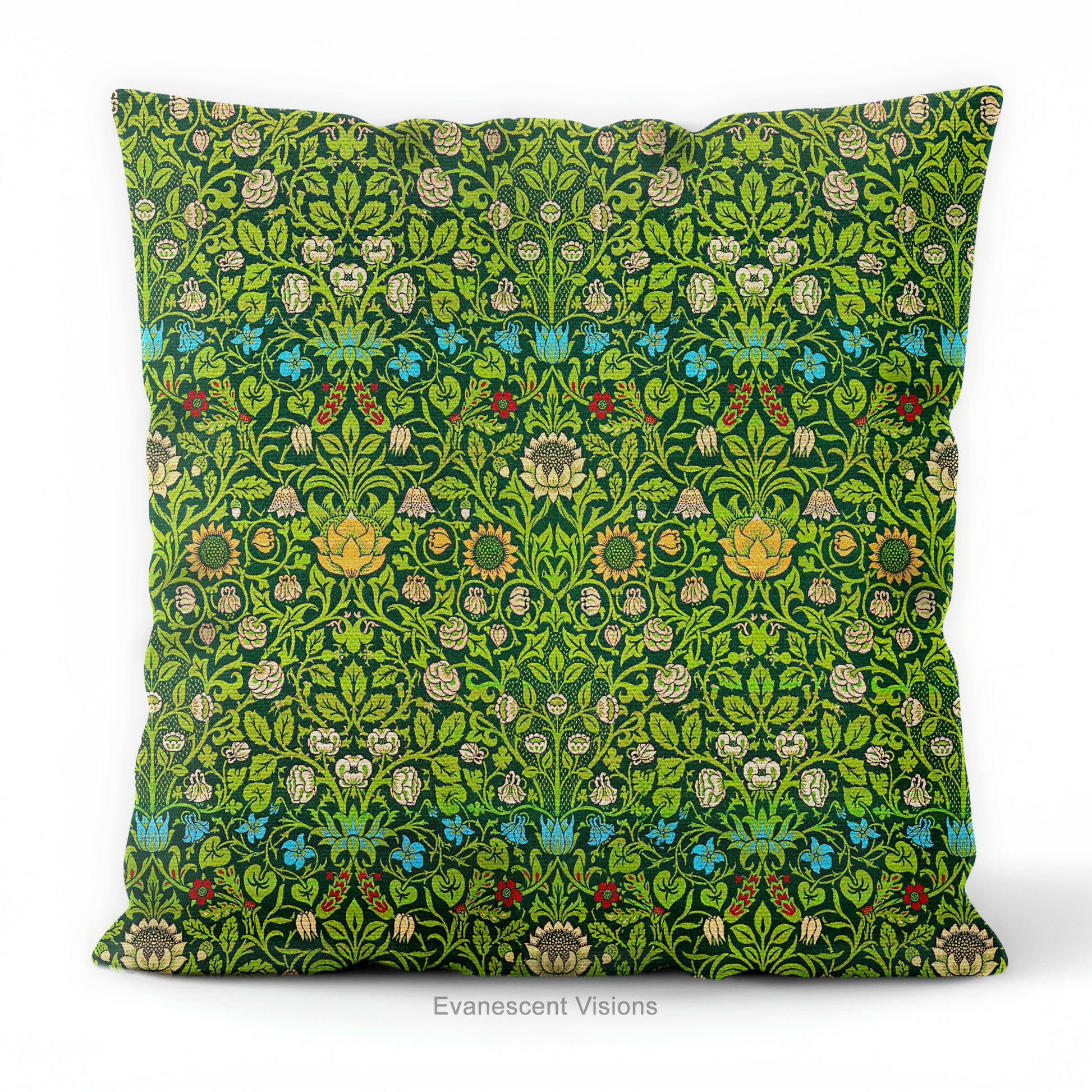 A square decorative cushion on a white background, featuring the floral pattern 'Violet and Columbine' by William Morris.