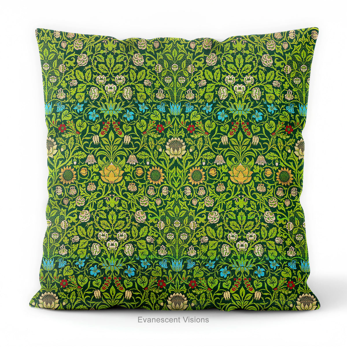 A square decorative cushion on a white background, featuring the floral pattern 'Violet and Columbine' by William Morris.