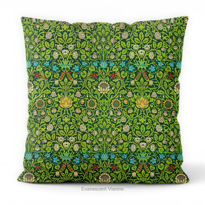 A square decorative cushion on a white background, featuring the floral pattern 'Violet and Columbine' by William Morris.