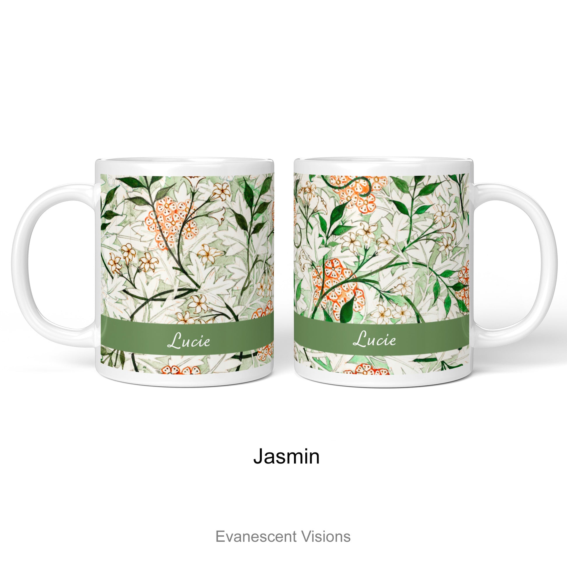 Left and right view of the 'Jasmin' design Personalised William Morris patterned mug