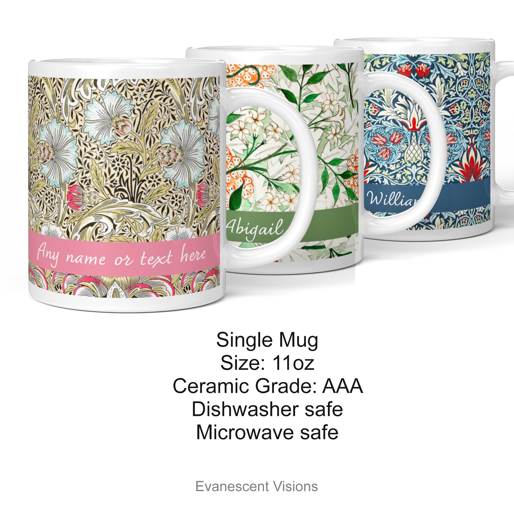 Product details for the Personalised William Morris Patterned mugs