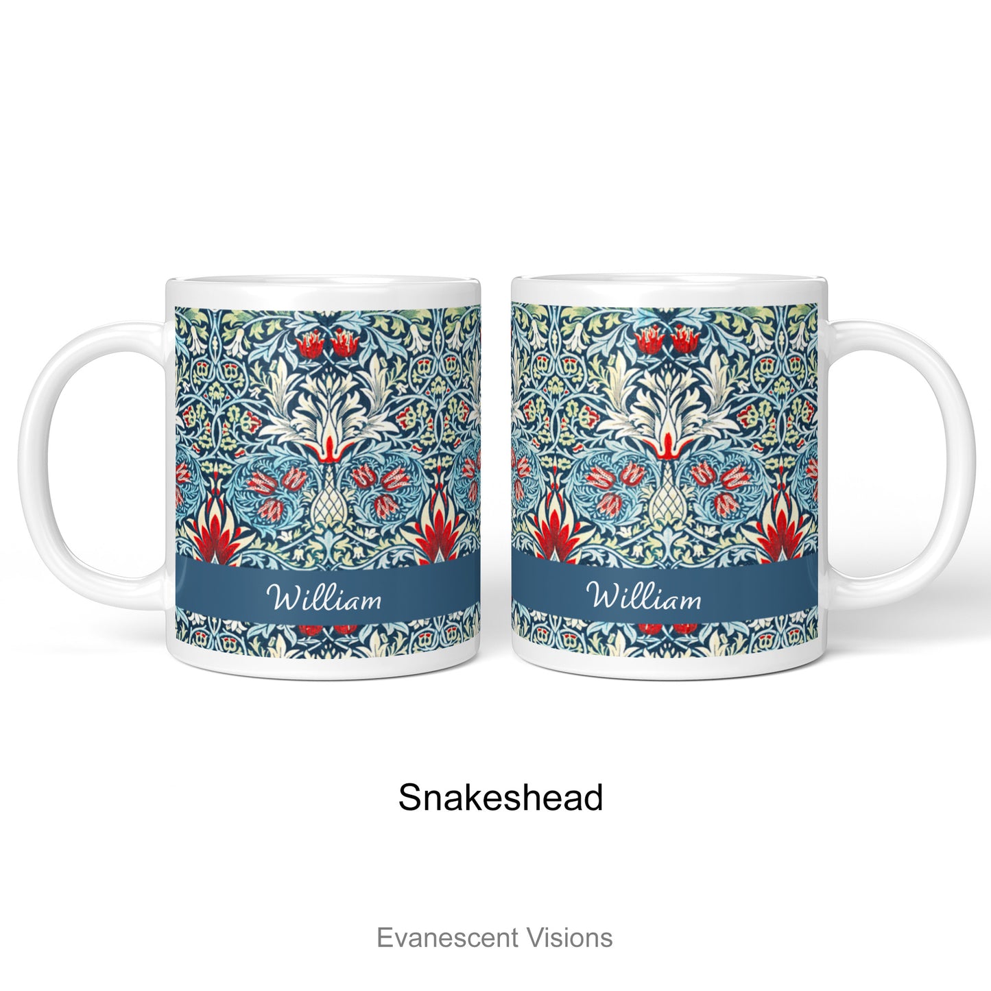 Left and right view of the 'Snakeshead' design Personalised William Morris patterned mug