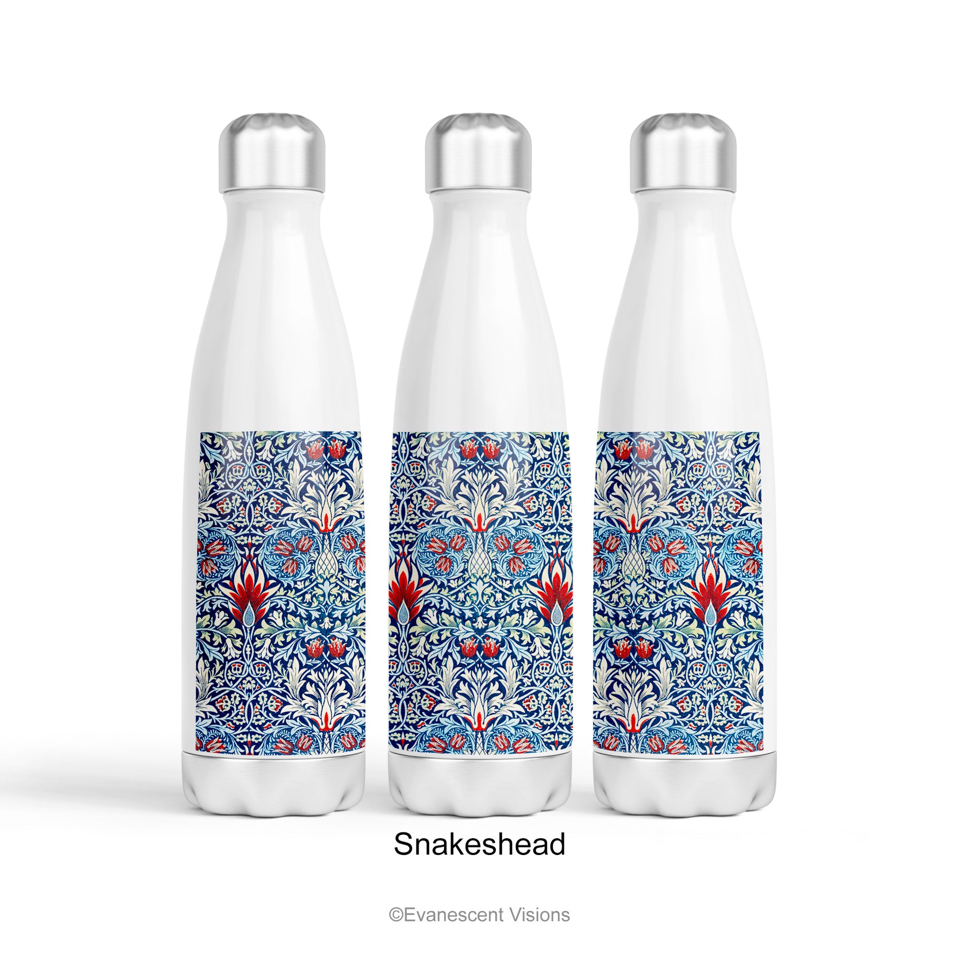 William Morris Personalised Stainless Steel Water Bottle with the design option 'Snakeshead'