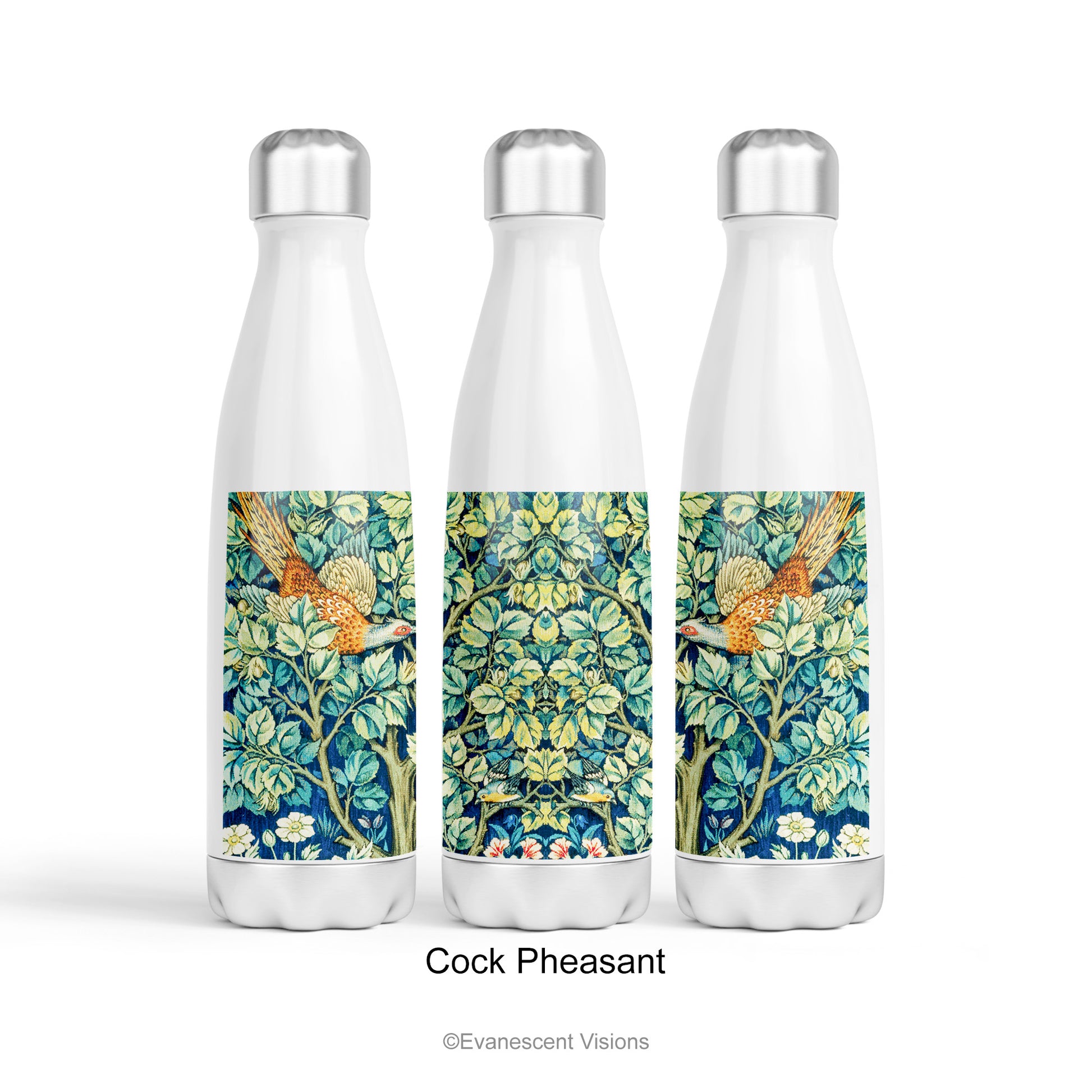 William Morris Personalised Stainless Steel Water Bottle with the design option 'Cock Pheasant'