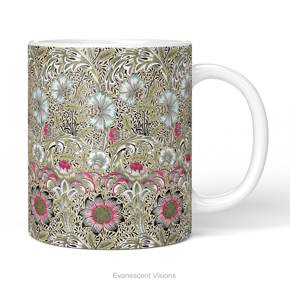 A  ceramic mug featuring print of floral design  'Corncockle' by William Morris.