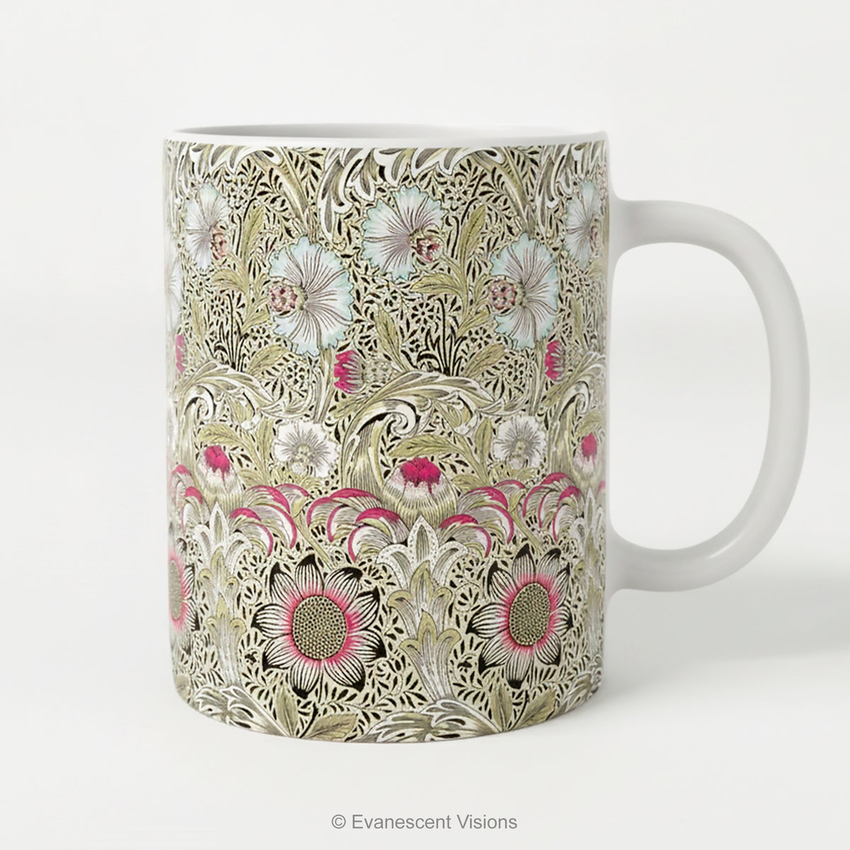 A  ceramic mug featuring print of floral design  'Corncockle' by William Morris.