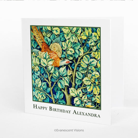 William Morris Pheasant Personalised Birthday Card standing on a white surface.