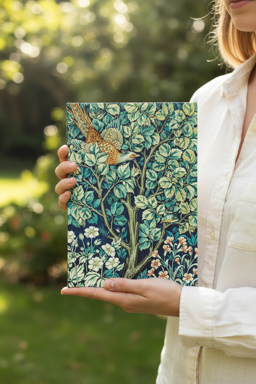 A person holding a hardback notebook featuring green Victorian textile design 'Cock Pheasant' by William Morris, set against a blurred green garden backdrop.