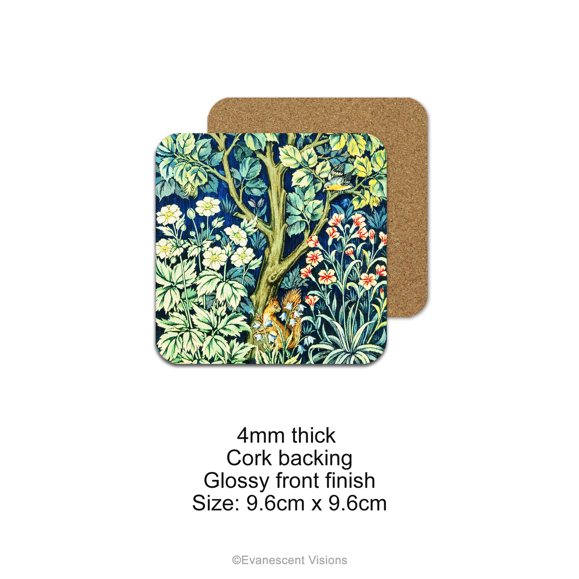 Front and back view and product details for the  William Morris Pheasant Design Drinks Coasters