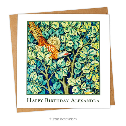 William Morris Pheasant Personalised Birthday Card with an envelope