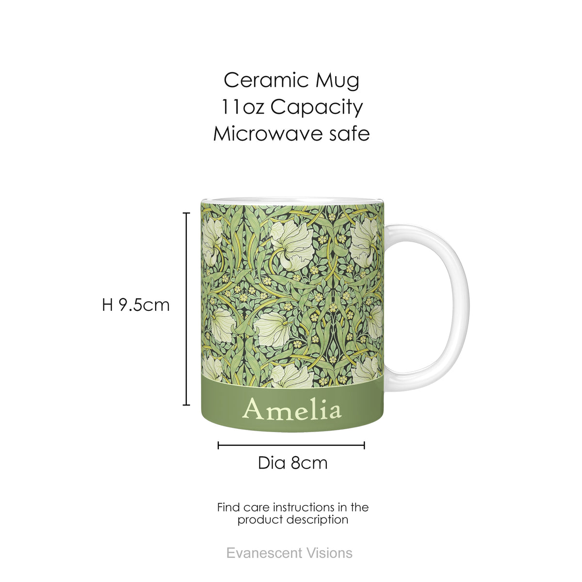 Pimpernel personalised ceramic mug with dimensions.