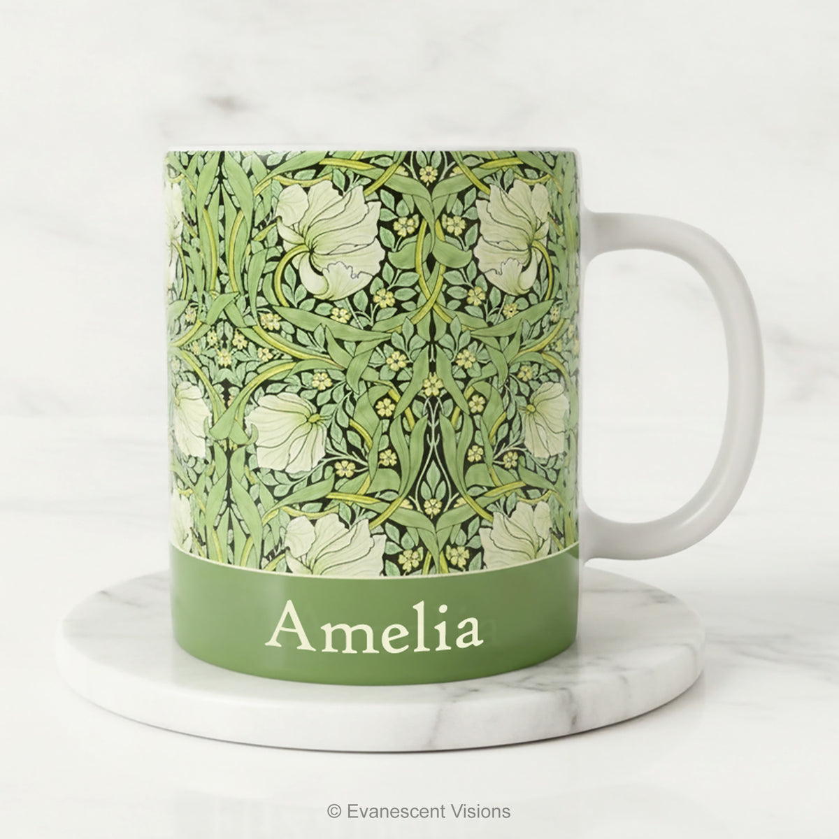 Ceramic mug with William Morris's 'Pimpernel' floral design in green, and a name below