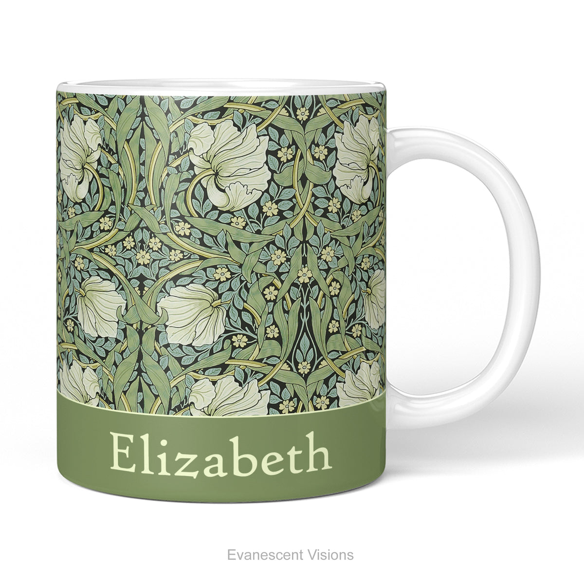 Ceramic mug with William Morris's 'Pimpernel' floral design and personalisation.