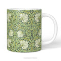 A ceramic mug with floral patterned artwork titled 'Pimpernel' by William Morris. 
