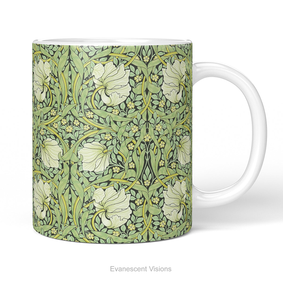 A ceramic mug with floral patterned artwork titled 'Pimpernel' by William Morris. 
