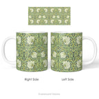 Left and right views of a ceramic mug with floral patterned artwork titled 'Pimpernel' by William Morris. 