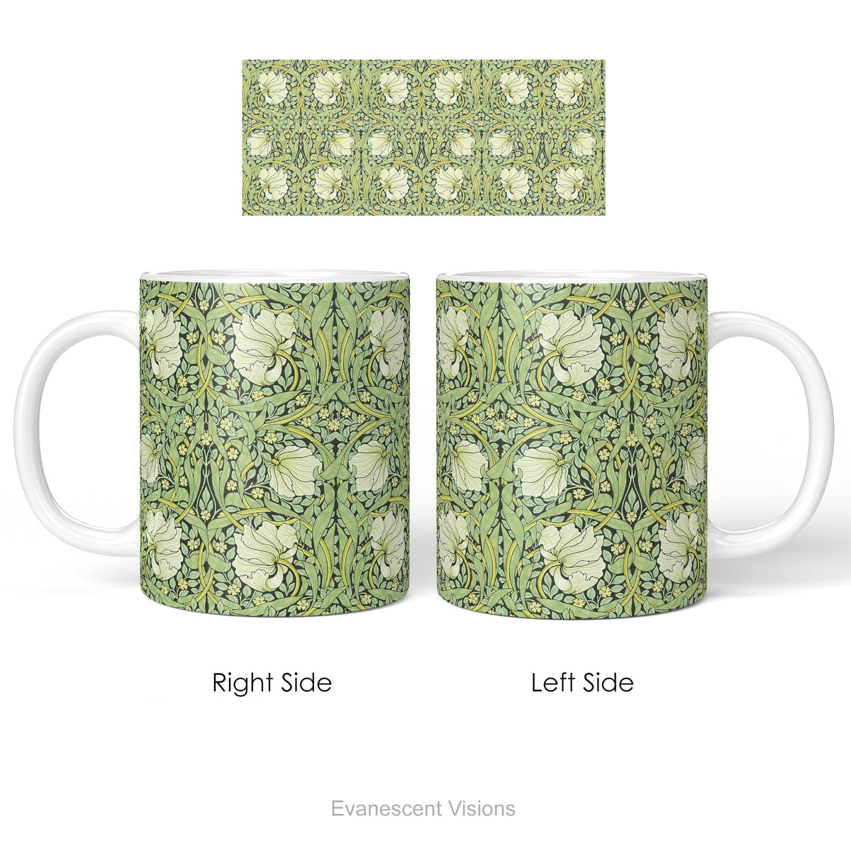 Left and right views of a ceramic mug with floral patterned artwork titled 'Pimpernel' by William Morris. 