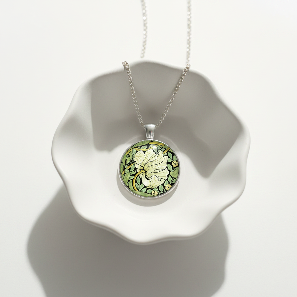 Double sided pendant necklace with design 'Pimpernel' by William Morris displayed on a white ceramic dish.