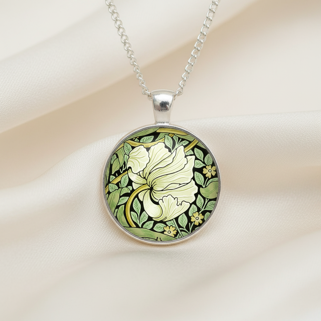 Double sided pendant necklace with design 'Pimpernel' by William Morris, styled on cream silk.