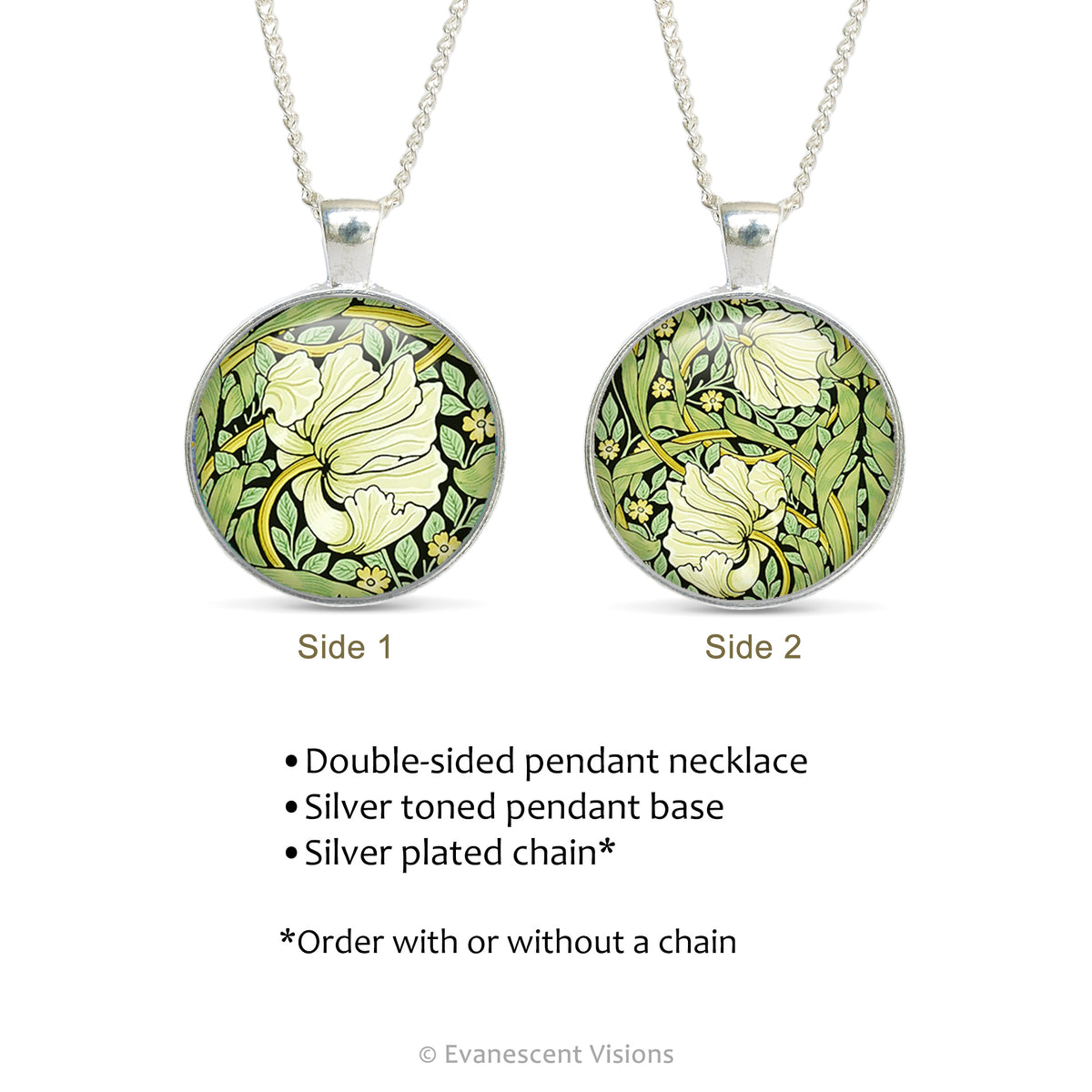 Product details for the double sided pendant necklace with design 'Pimpernel' by William Morris