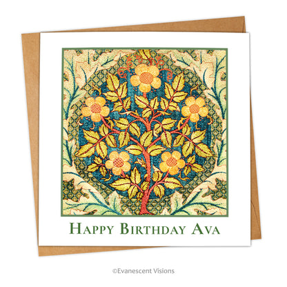 Square card and envelope with 'Rose Wreath' design from William Morris. Words on front say 'Happy Birthday' with custom name.