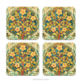Set of 4 square coasters with William  Morris' Rose Wreath  tapestry design on the front, shown on a white background. 