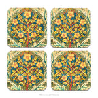 Set of 4 square coasters with William  Morris' Rose Wreath  tapestry design on the front, shown on a white background. 