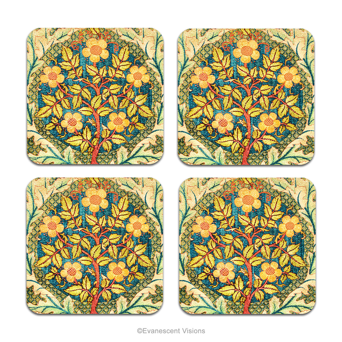 Set of 4 square coasters with William  Morris' Rose Wreath  tapestry design on the front, shown on a white background. 