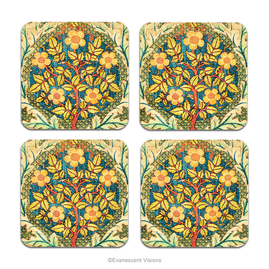 Set of 4 square William Morris Rose Wreath Design Drinks Coasters