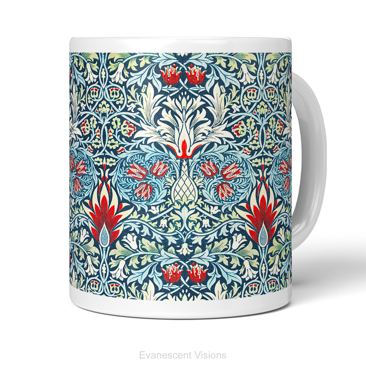 Front view of a white ceramic mug featuring a detailed, symmetrical floral pattern in navy blue, sage green, and red called Snakeshead by William Morris,   shown on a clean white background .