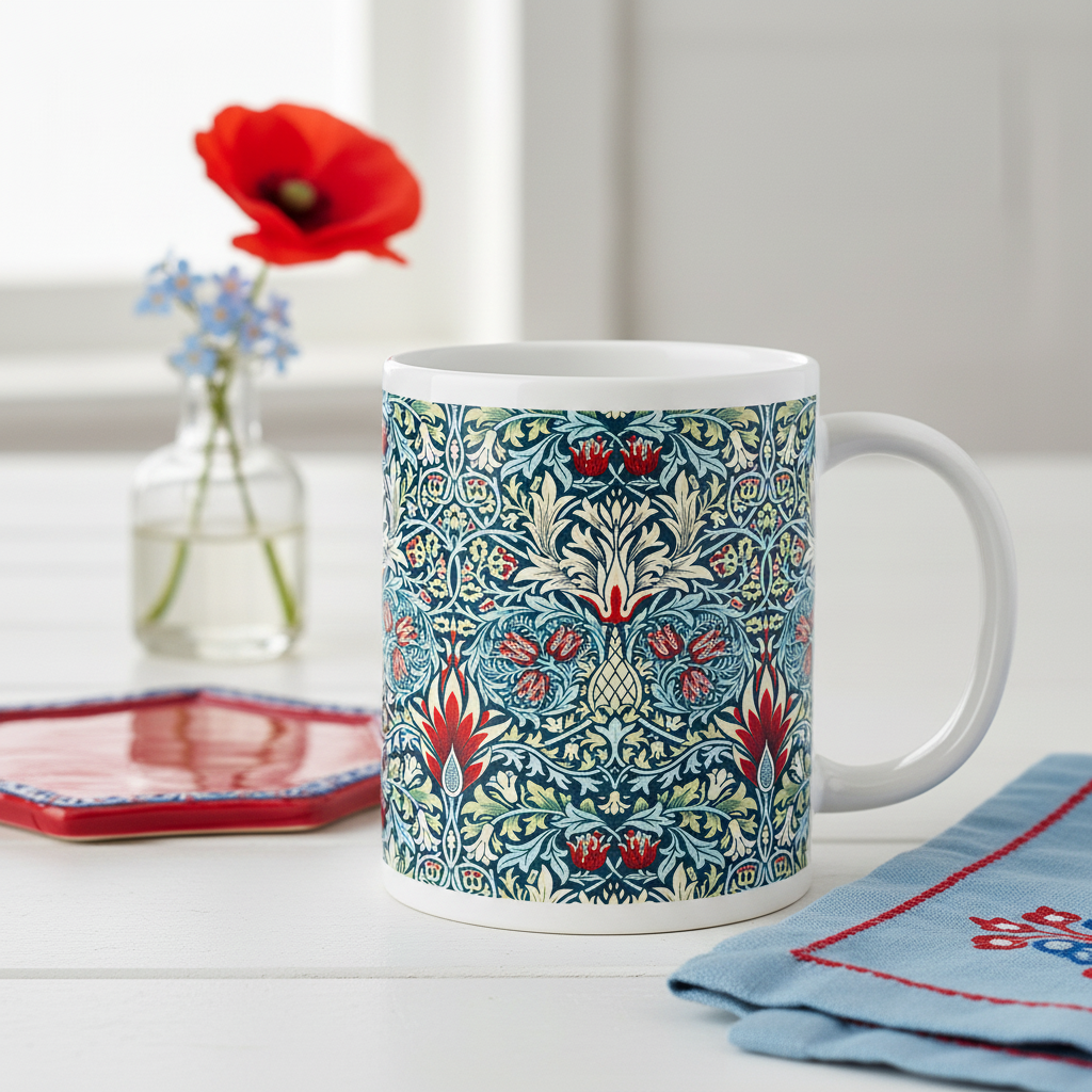 A ceramic mug with detailed blue, red, and cream symmetrical floral pattern called Snakeshead  by William Morris set on a white table.