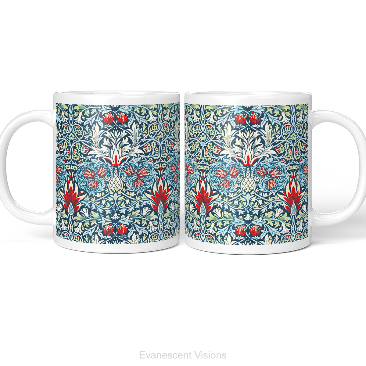 Left and right side views of a white ceramic mug featuring a detailed, symmetrical floral pattern in navy blue, sage green, and red called Snakeshead by William Morris,  shown on a clean white background .