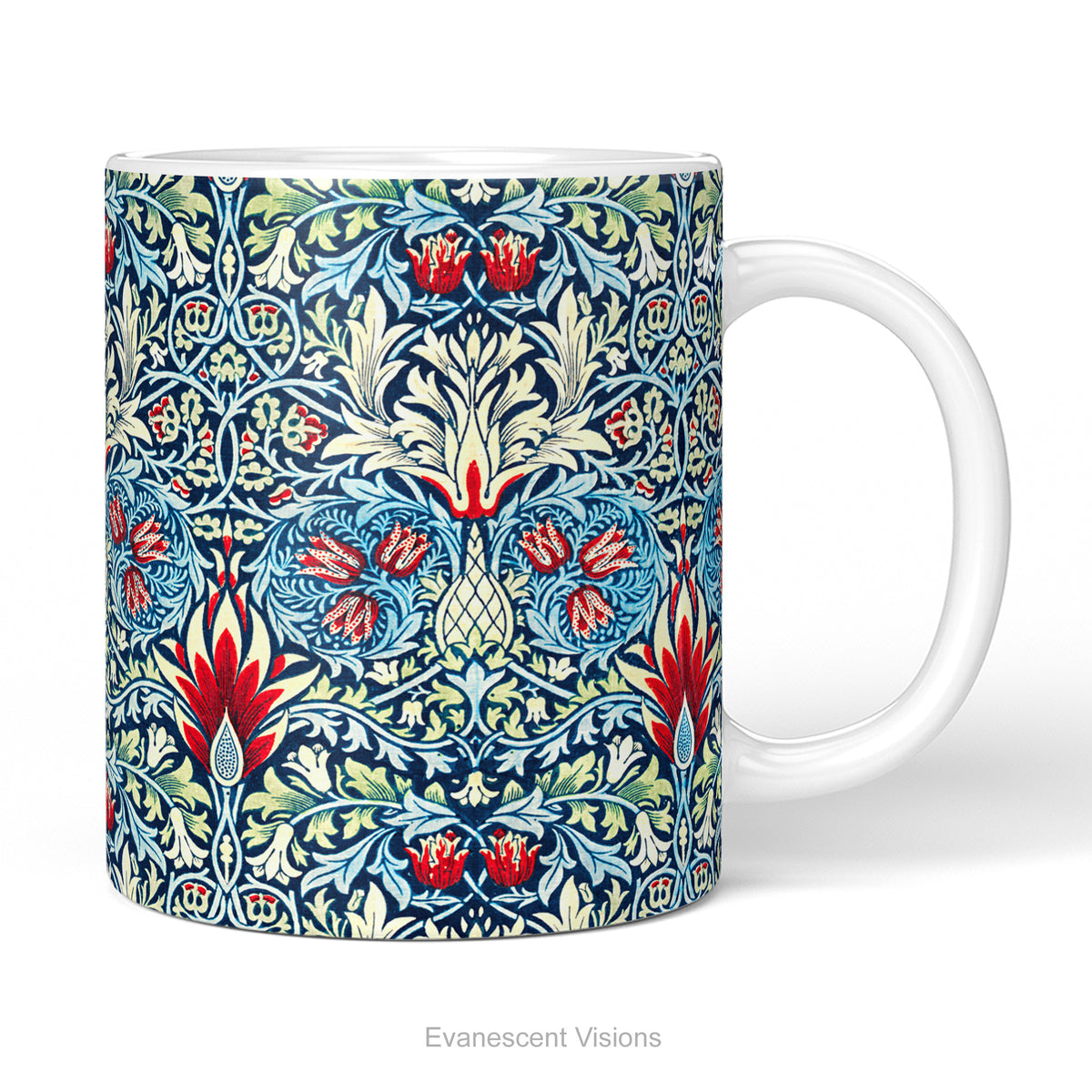 A  ceramic mug featuring a print of floral pattern 'Snakeshead' by William Morris.