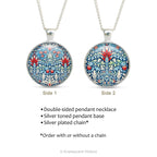 Product details for a double sided pendant necklaces with detail from artwork  'Snakeshead' by William Morris