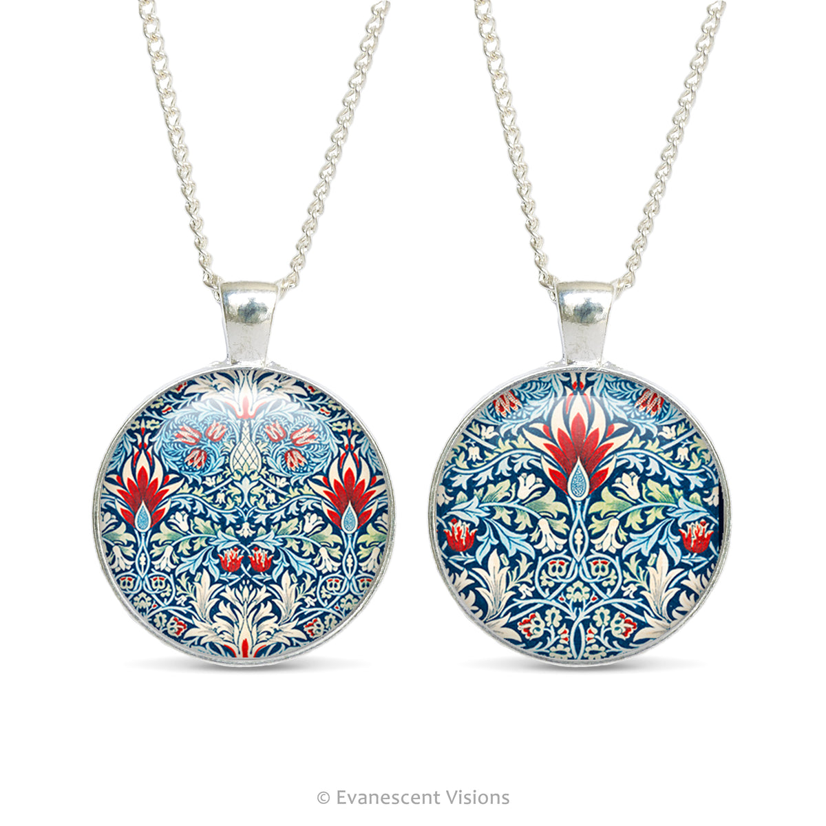 Front and back view of a double sided pendant necklaces with detail from artwork  'Snakeshead' by William Morris