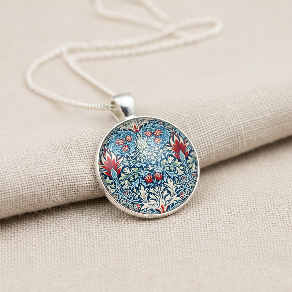 Pendant necklaces with detail from artwork  'Snakeshead' by William Morris resting on a textured beige fabric background.