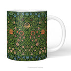 A ceramic mug with design 'violet and Columbine' by William Morris.