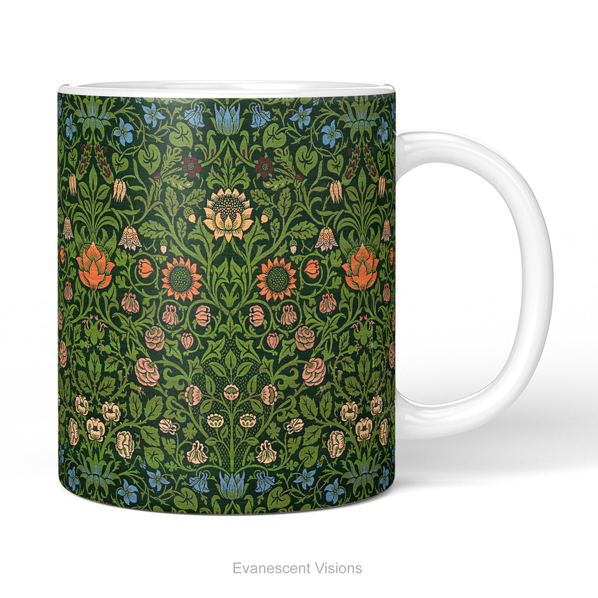 A ceramic mug with design 'violet and Columbine' by William Morris.