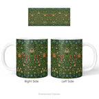 Left and right side views of a ceramic mug with design 'violet and Columbine' by William Morris