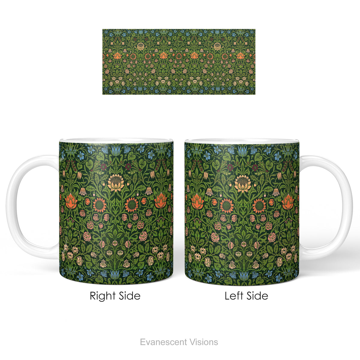 Left and right side views of a ceramic mug with design 'violet and Columbine' by William Morris