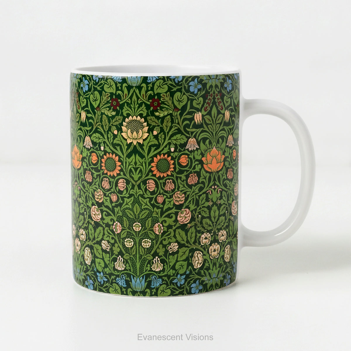 A ceramic mug with design 'violet and Columbine' by William Morris.
