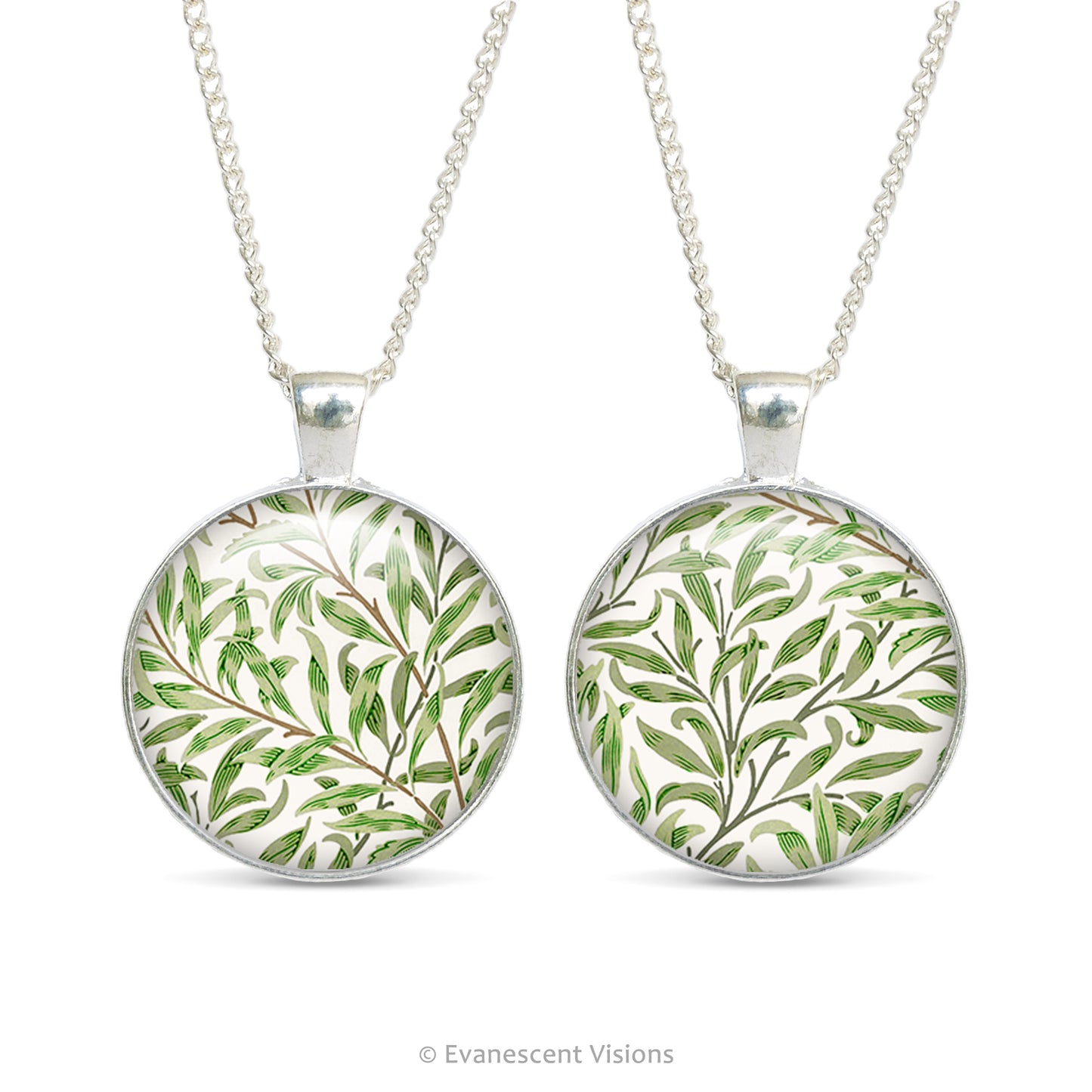 Front and back views of the double sided cabochon pendant necklace with detail from the design  'Willow bough' by William Morris