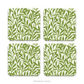 Four square coasters with green botanical design 'Willow' by artist William Morris.