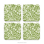 Four square coasters with green botanical design 'Willow' by artist William Morris.