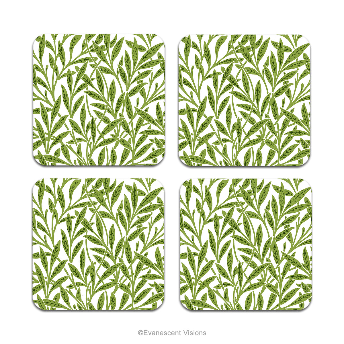 Four square coasters with green botanical design 'Willow' by artist William Morris.